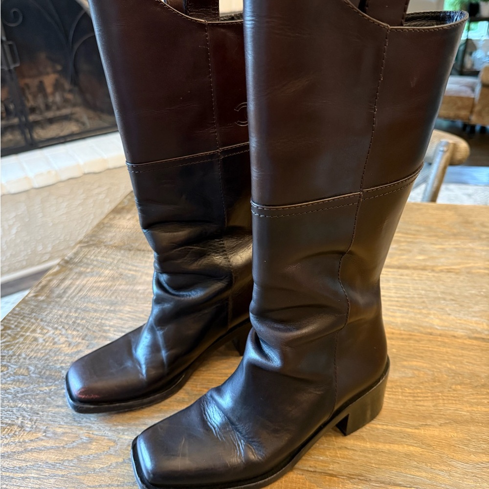 CHANEL Brown Heeled Boots Timeless Equestrian Style US 8 / EU 39 with Box